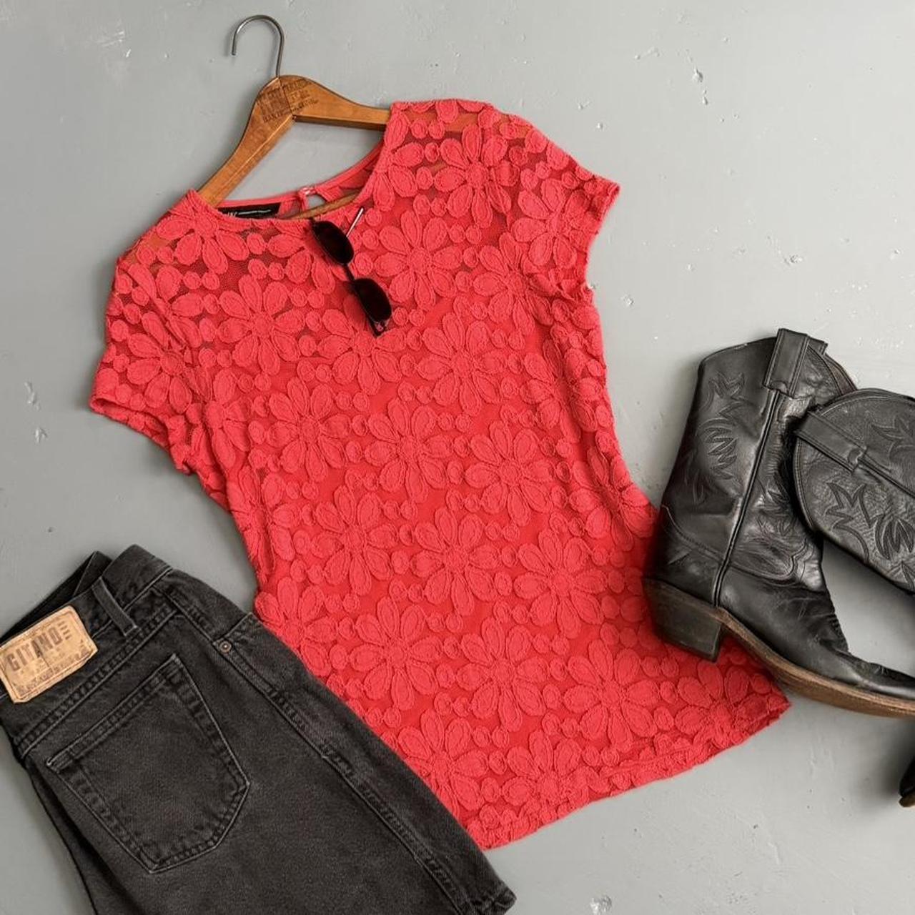 VINTAGE RED LACE FLORAL SHEER BLOUSE