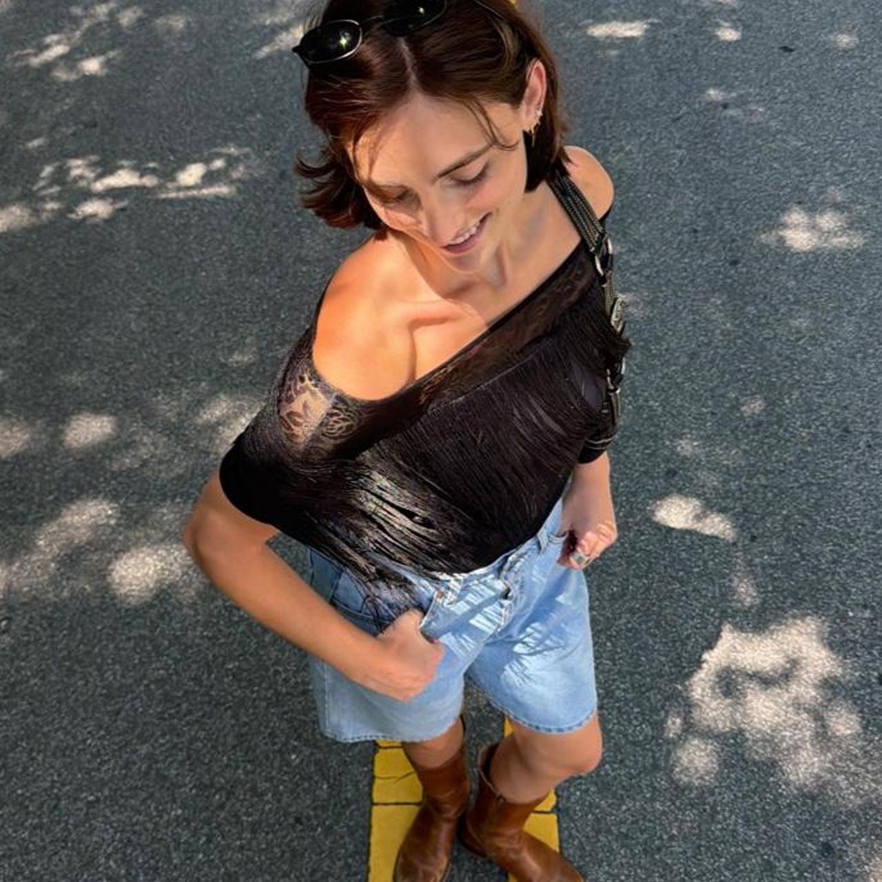 Vintage 90s black fringe off the shoulder top with lace trim and floral embroidery 🌹