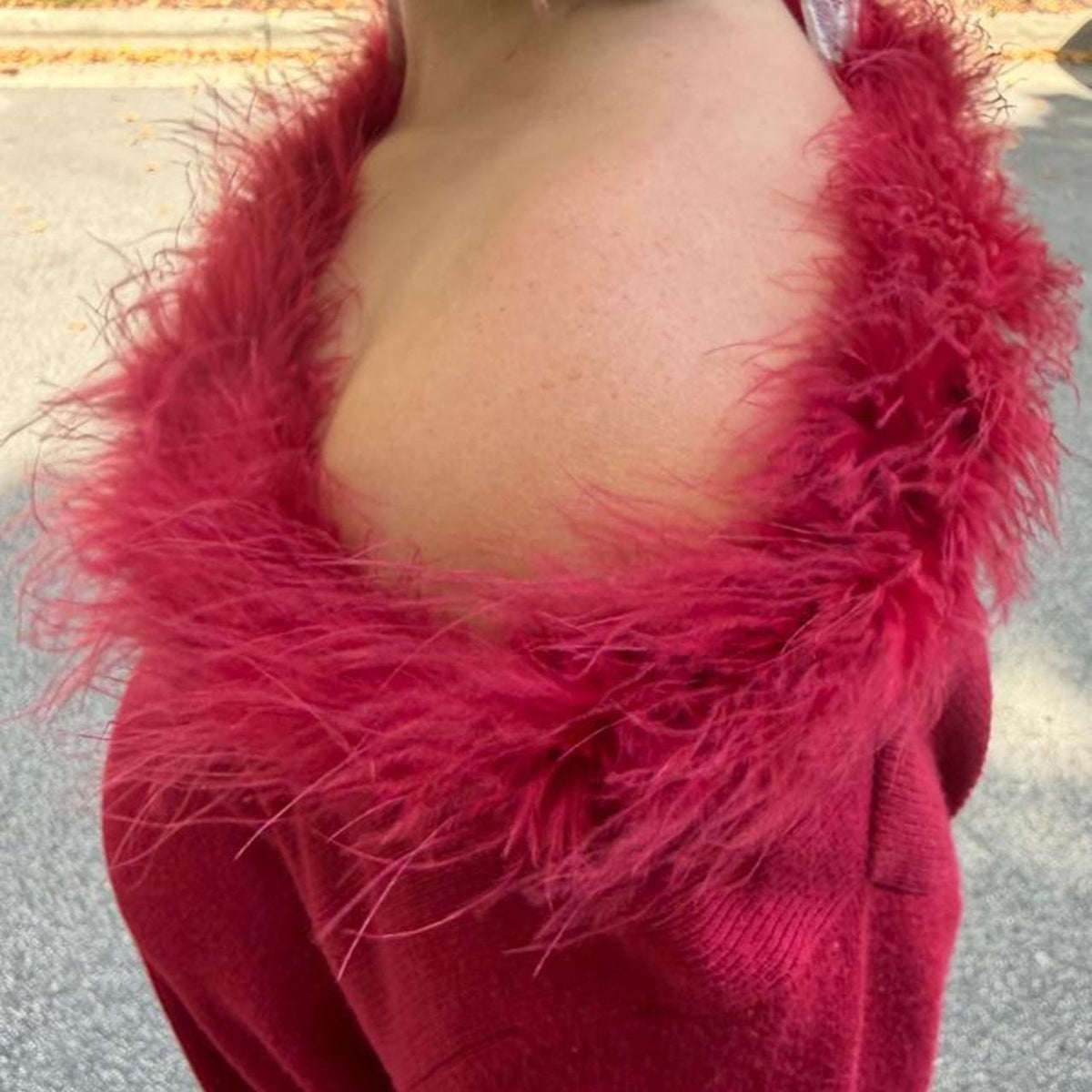 Vintage 90s Copper Key red fur off the shoulder sweater 🪩