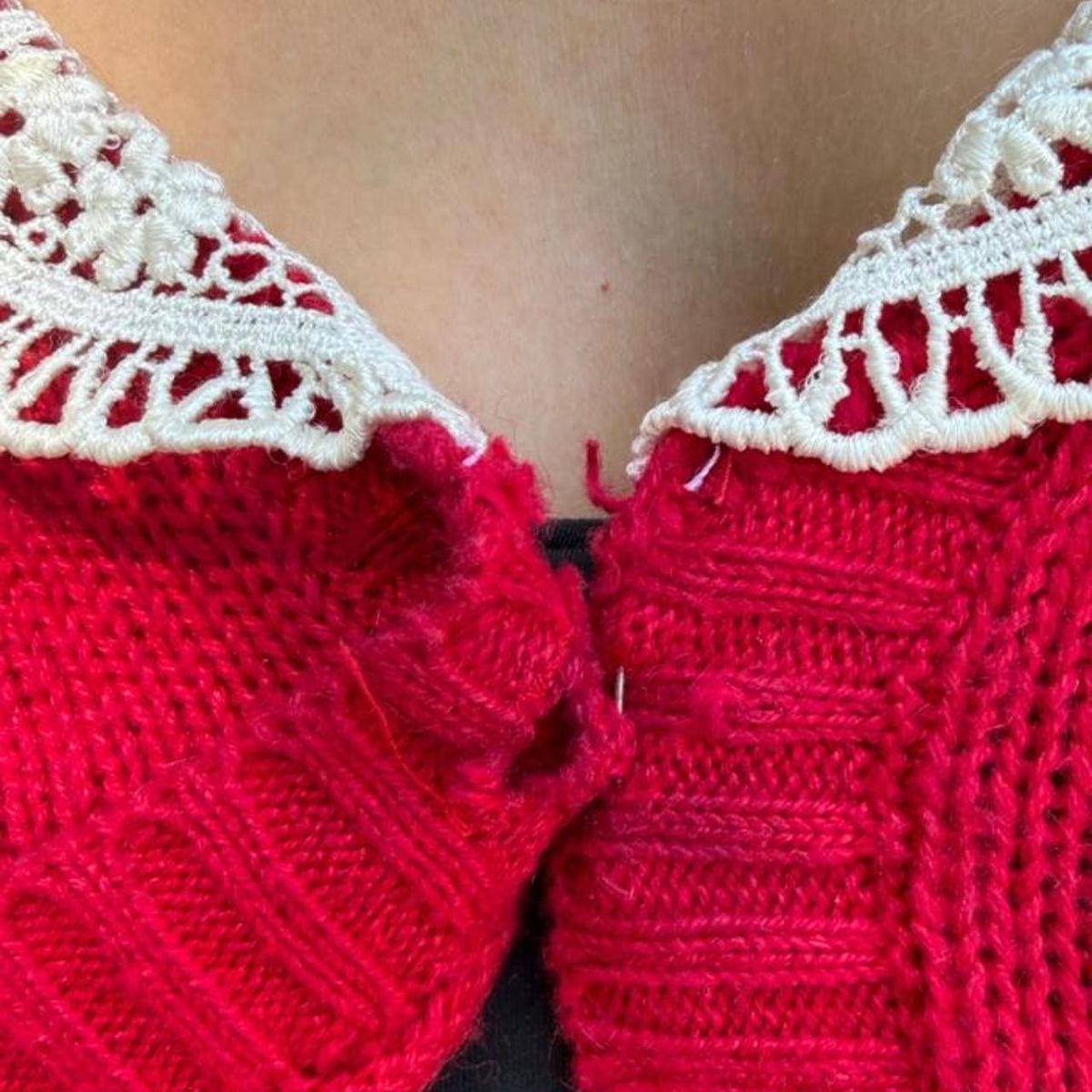 Vintage 90s red cardigan sweater with lace wrap around collar🍷