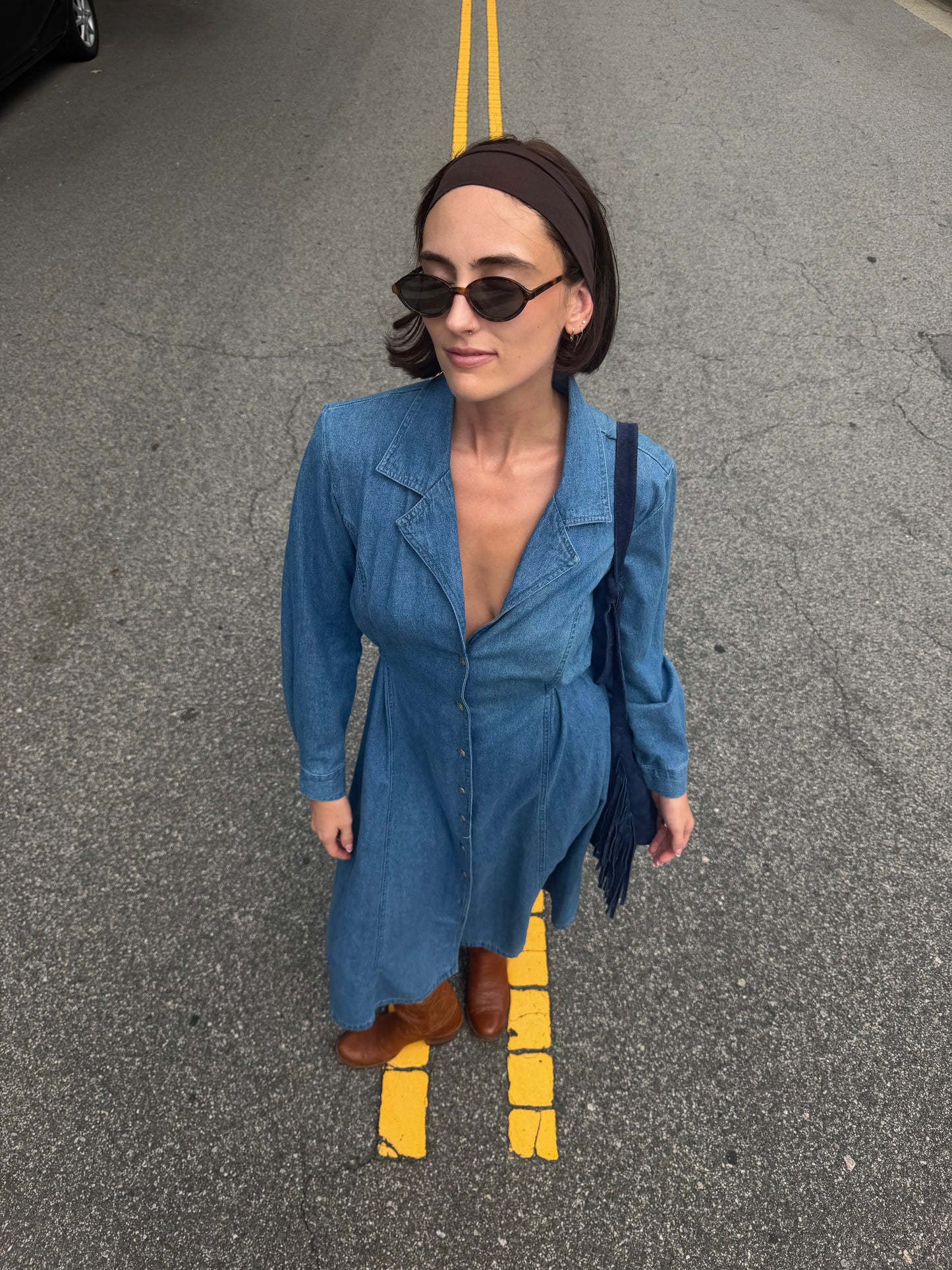 Vintage 90s denim long sleeve maxi tie dress 🫐