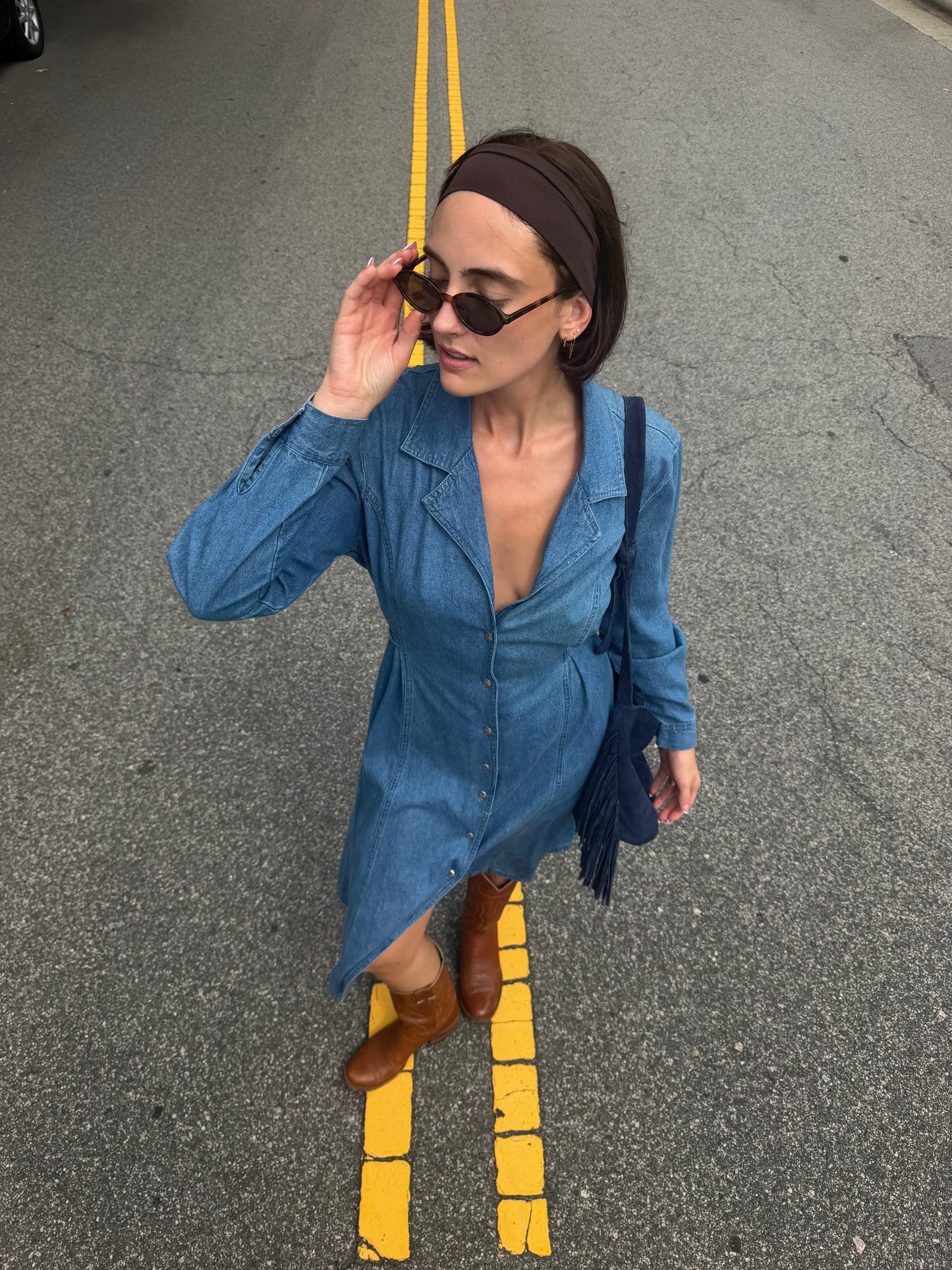 Vintage 90s denim long sleeve maxi tie dress 🫐