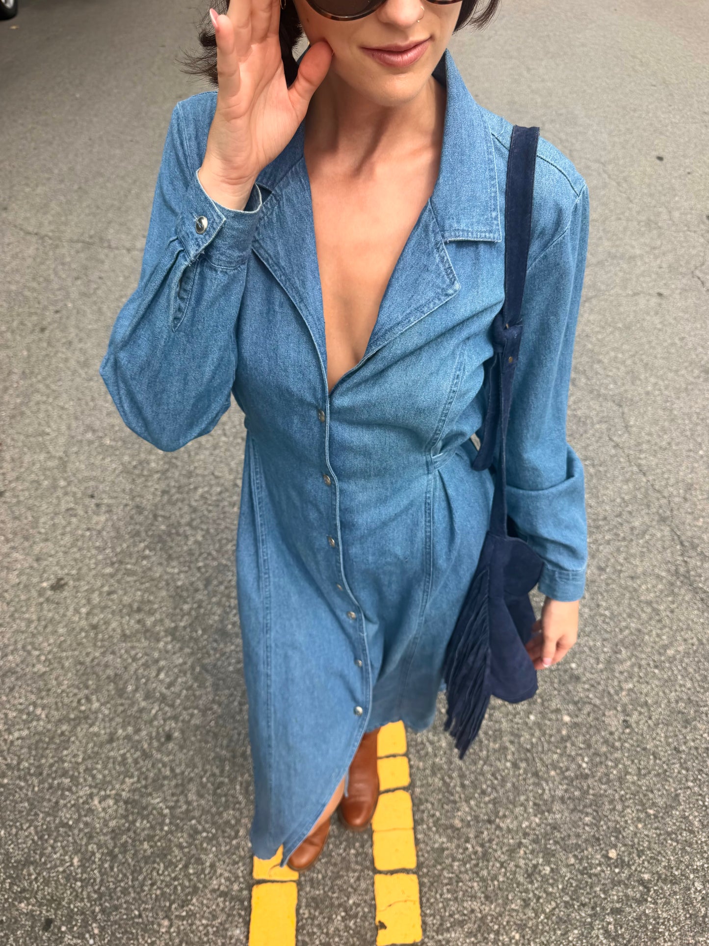 Vintage 90s denim long sleeve maxi tie dress 🫐