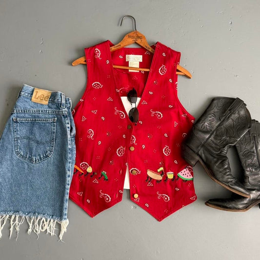 VINTAGE RED BANDANA PICNIC BUTTON VEST 🐜🐜🐜🍉🌭🥕🫛