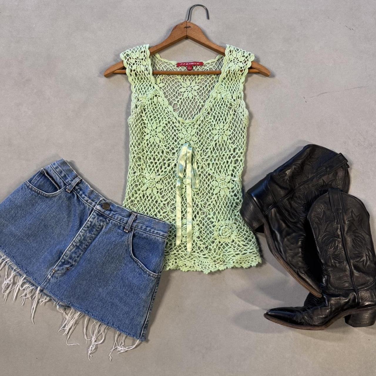 VINTAGE 90S JJ BASICS GREEN CROCHET KNIT TIE TOP