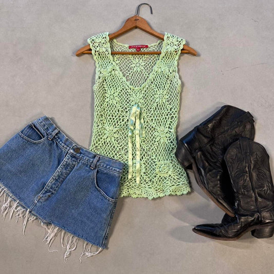 VINTAGE 90S JJ BASICS GREEN CROCHET KNIT TIE TOP