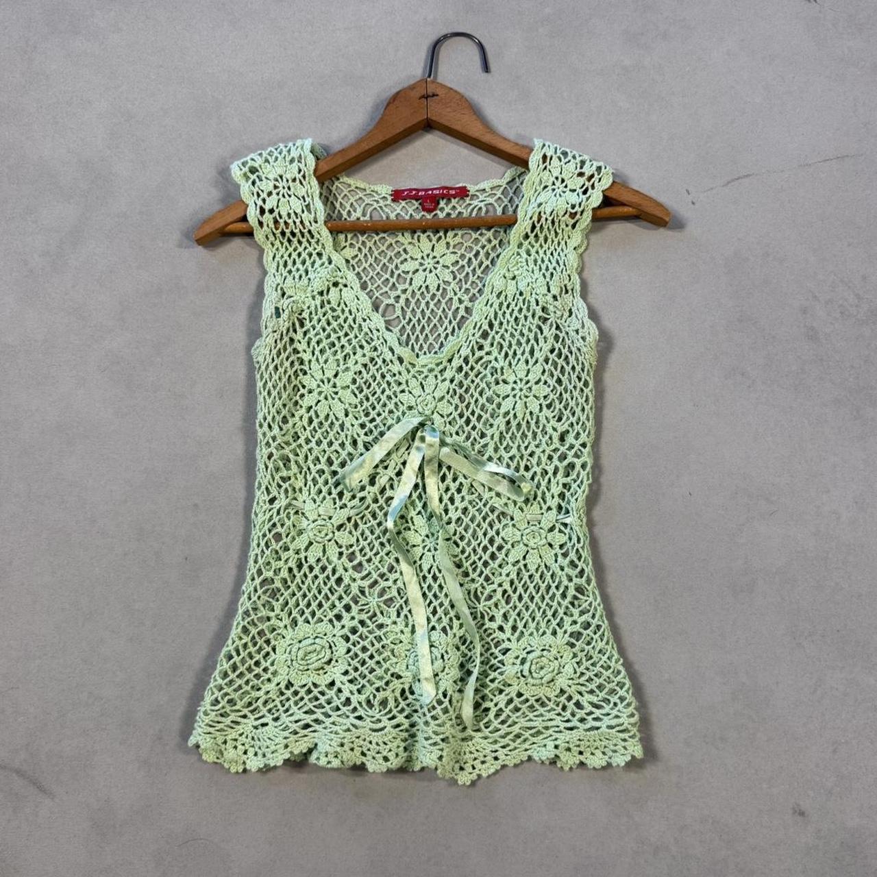VINTAGE 90S JJ BASICS GREEN CROCHET KNIT TIE TOP