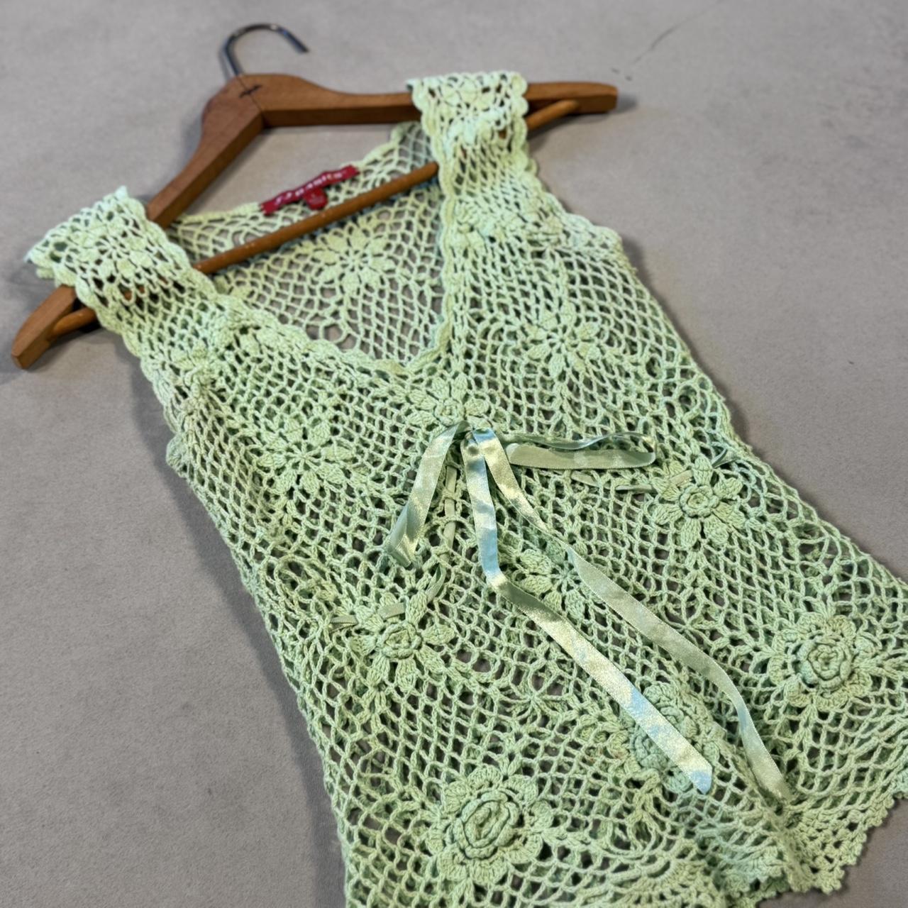 VINTAGE 90S JJ BASICS GREEN CROCHET KNIT TIE TOP