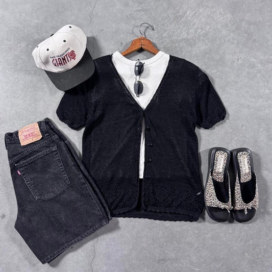 VINTAGE SPENGLER BLACK KNIT SHORT SLEEVE CARDIGAN