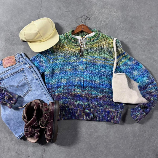 VINTAGE 90S I.E. RAINBOW KNIT ZIP-UP SWEATER