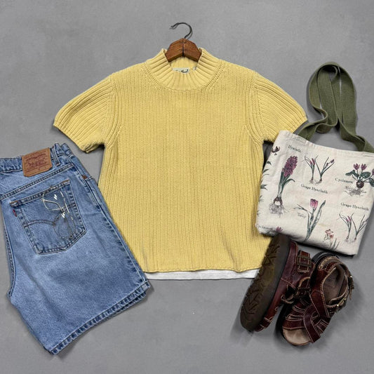 VINTAGE 90S EDDIE BAUER YELLOW SHORT SLEEVE SWEATER