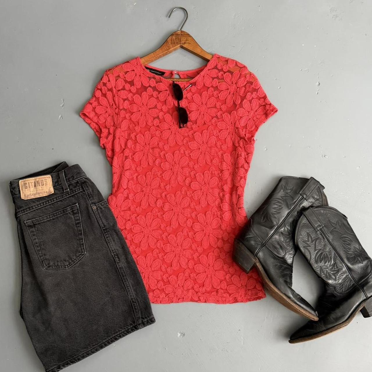 VINTAGE RED LACE FLORAL SHEER BLOUSE