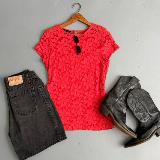 VINTAGE RED LACE FLORAL SHEER BLOUSE