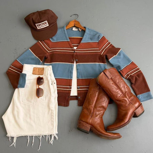 VINTAGE BROWN AND BLUE STRIPED BUTTON DOWN CARDIGAN 🏜️