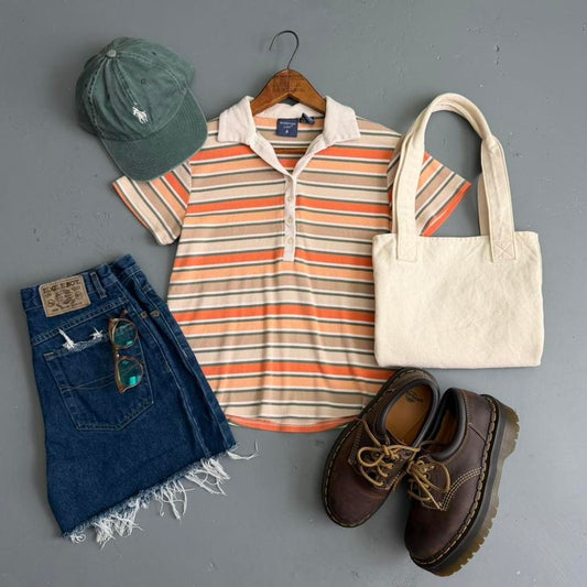 VINTAGE ORANGE AND BEIGE STRIPED POLO TOP 🍊