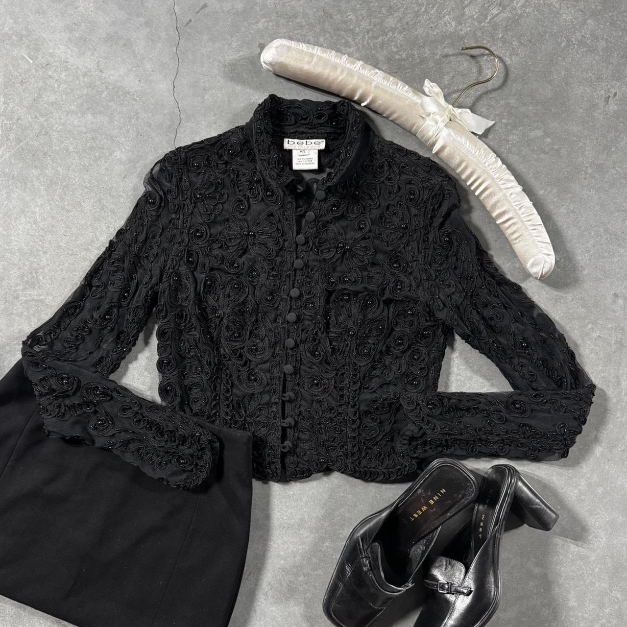 VINTAGE BEBE BLACK BEADED & SHEER TIGHT BUTTON UP 🖤