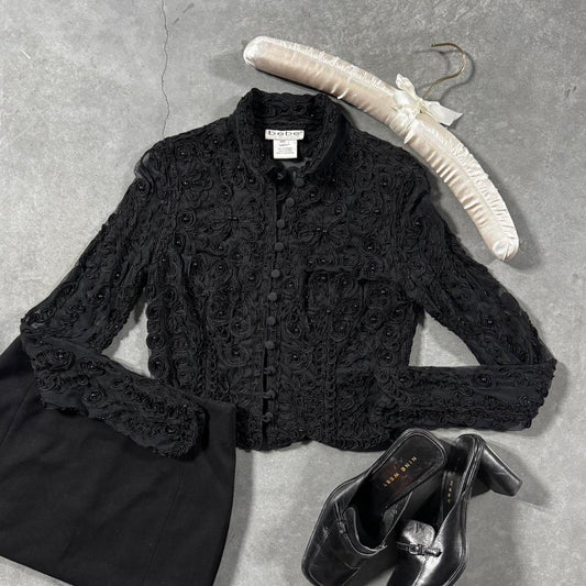 VINTAGE BEBE BLACK BEADED & SHEER TIGHT BUTTON UP 🖤