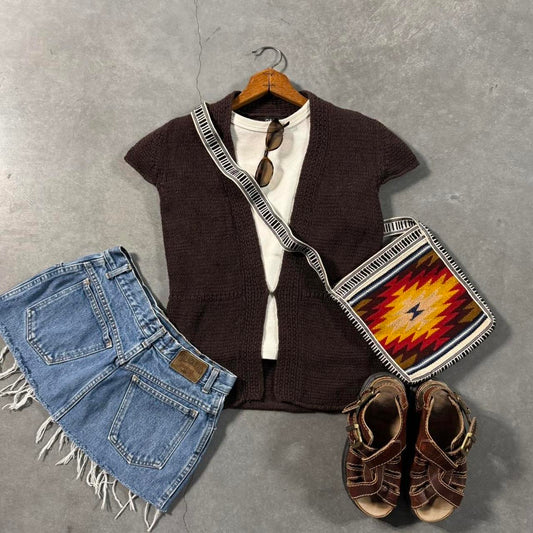 VINTAGE Y2K 90S GEORGE BROWN KNIT SHORT SLEEVE CARDIGAN