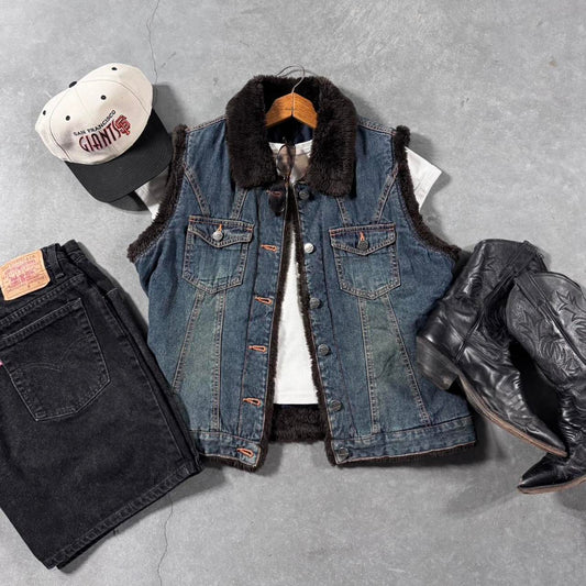 VINTAGE 90S LAPIS FAUX FUR DENIM VEST