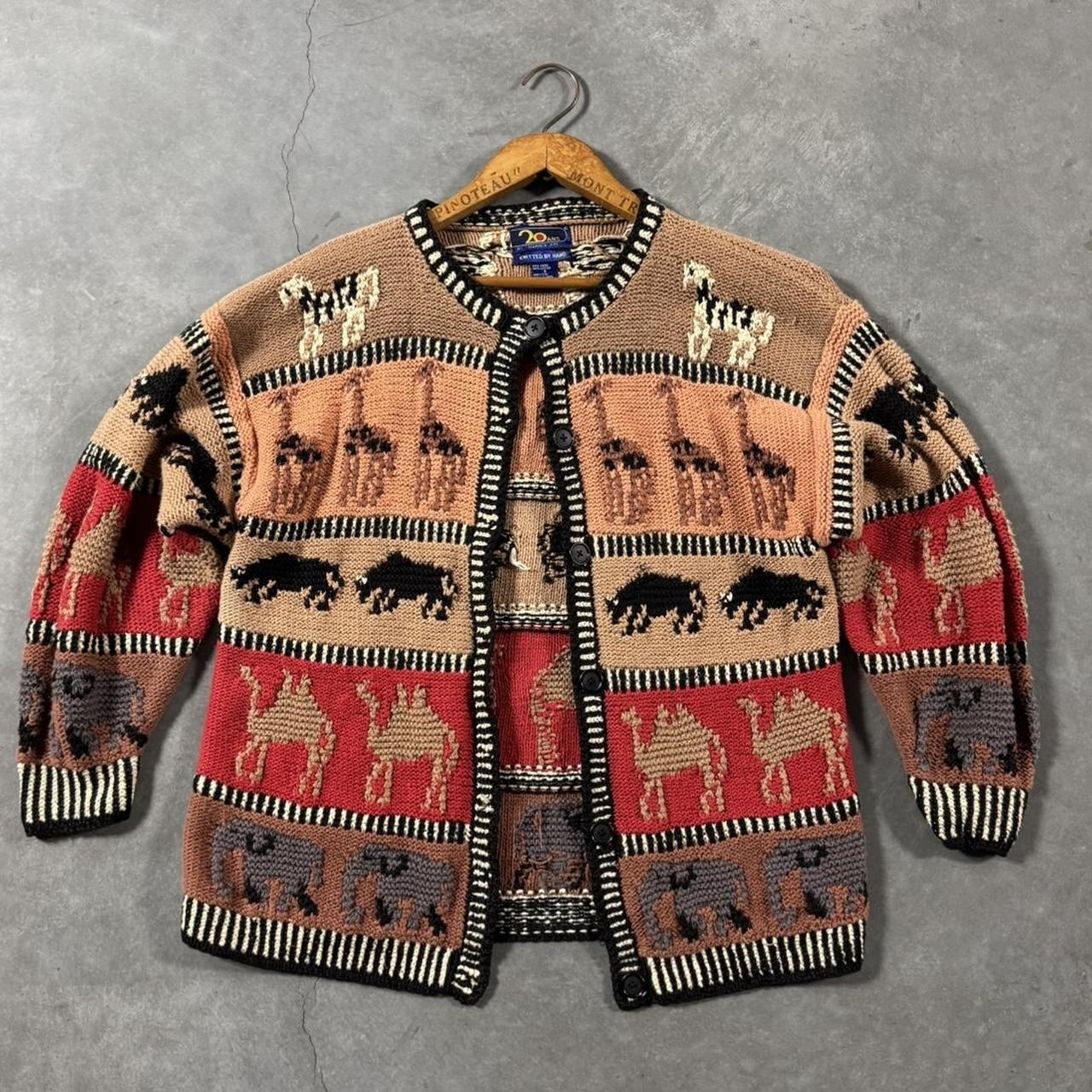 VINTAGE 1990S KNITTED BY HAND ANIMAL CHUNKY CARDIGAN 🐘🐫🦒🦙🐂