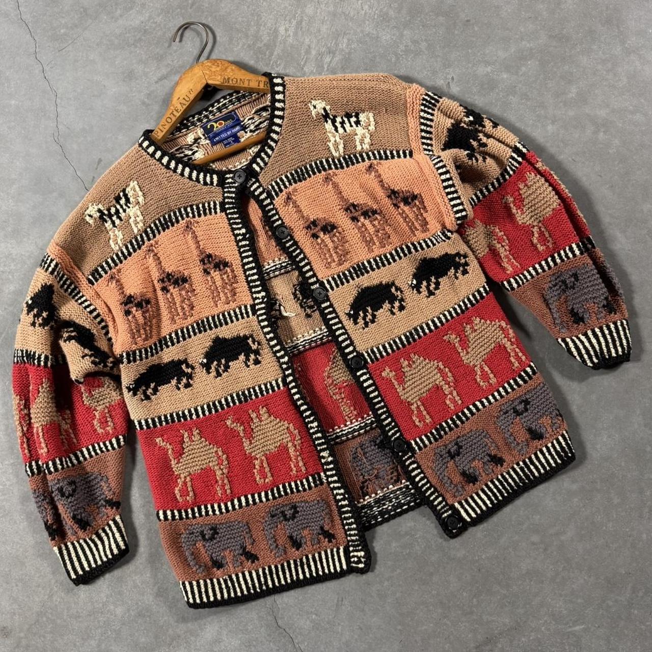 VINTAGE 1990S KNITTED BY HAND ANIMAL CHUNKY CARDIGAN 🐘🐫🦒🦙🐂