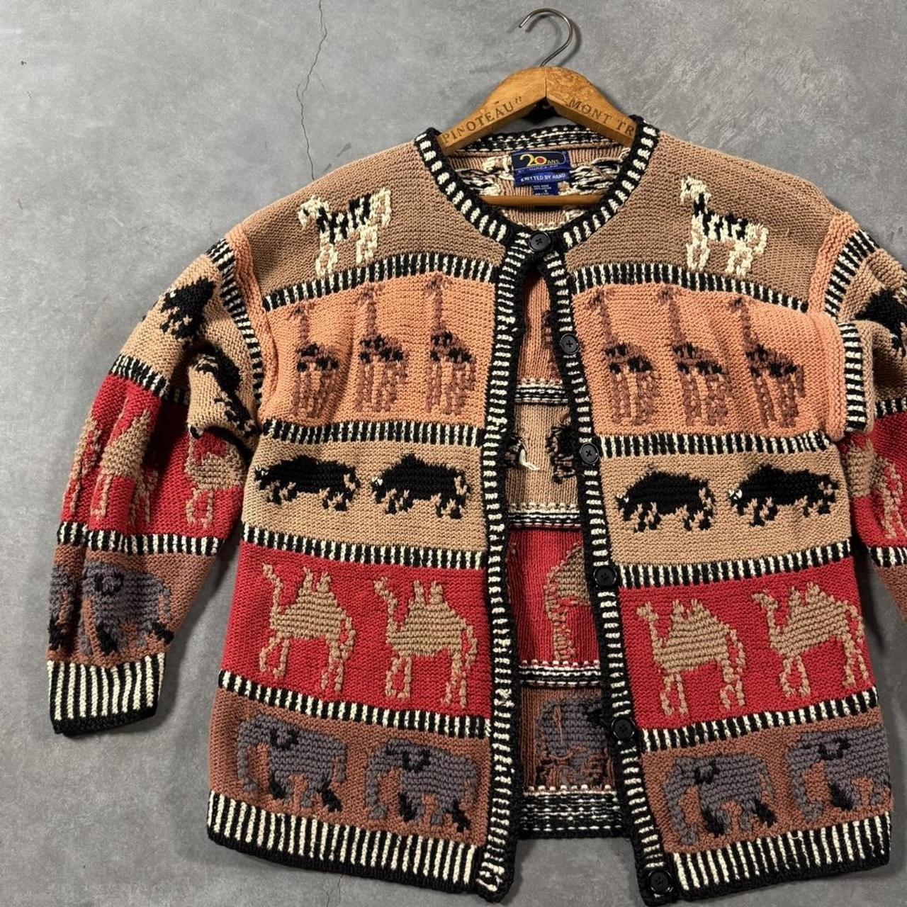 VINTAGE 1990S KNITTED BY HAND ANIMAL CHUNKY CARDIGAN 🐘🐫🦒🦙🐂