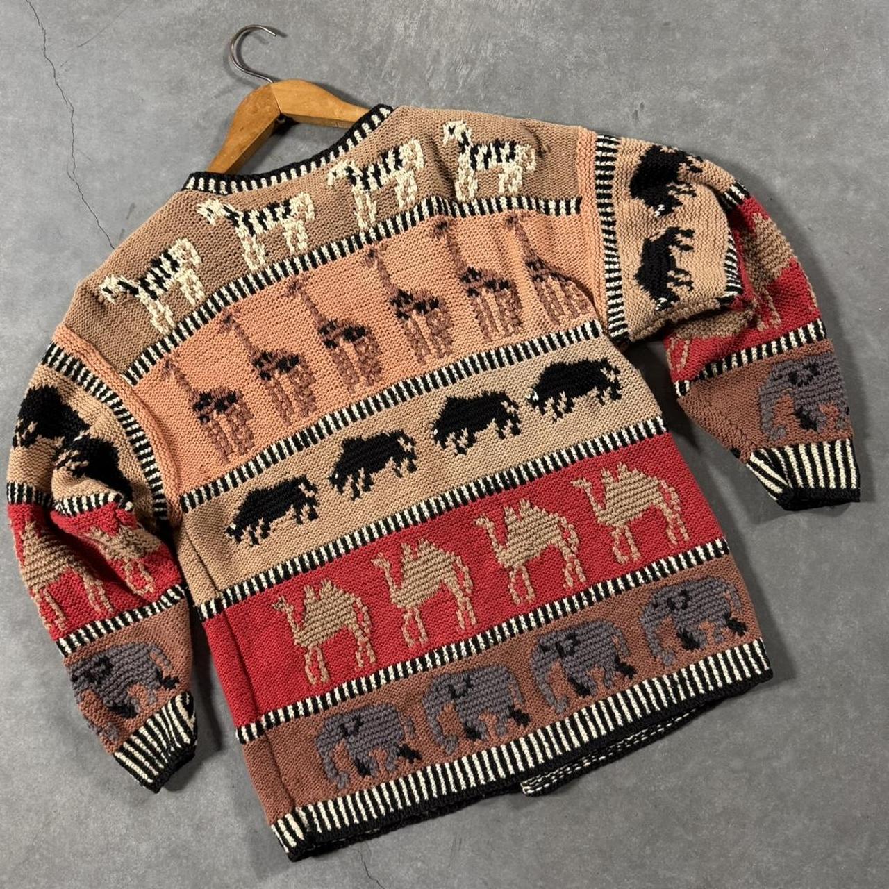 VINTAGE 1990S KNITTED BY HAND ANIMAL CHUNKY CARDIGAN 🐘🐫🦒🦙🐂