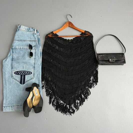 VINTAGE BELLISSIMA BLACK SHEER CROCHET PONCHO