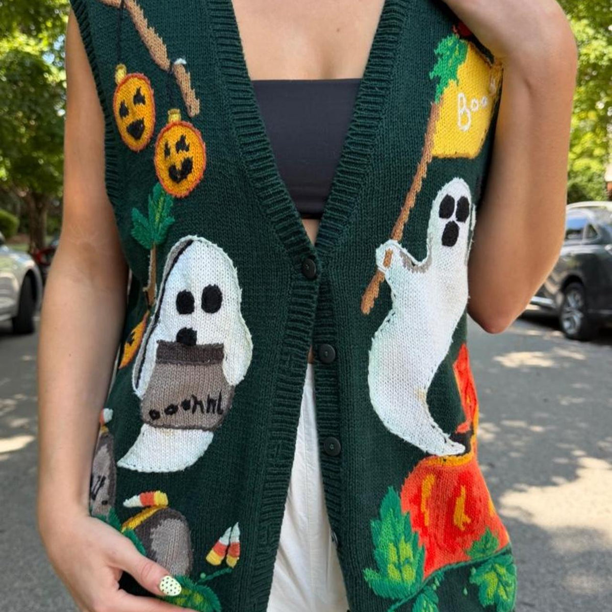 Vintage 90s green embroidered knitted sweater vest 👻🪦🎃