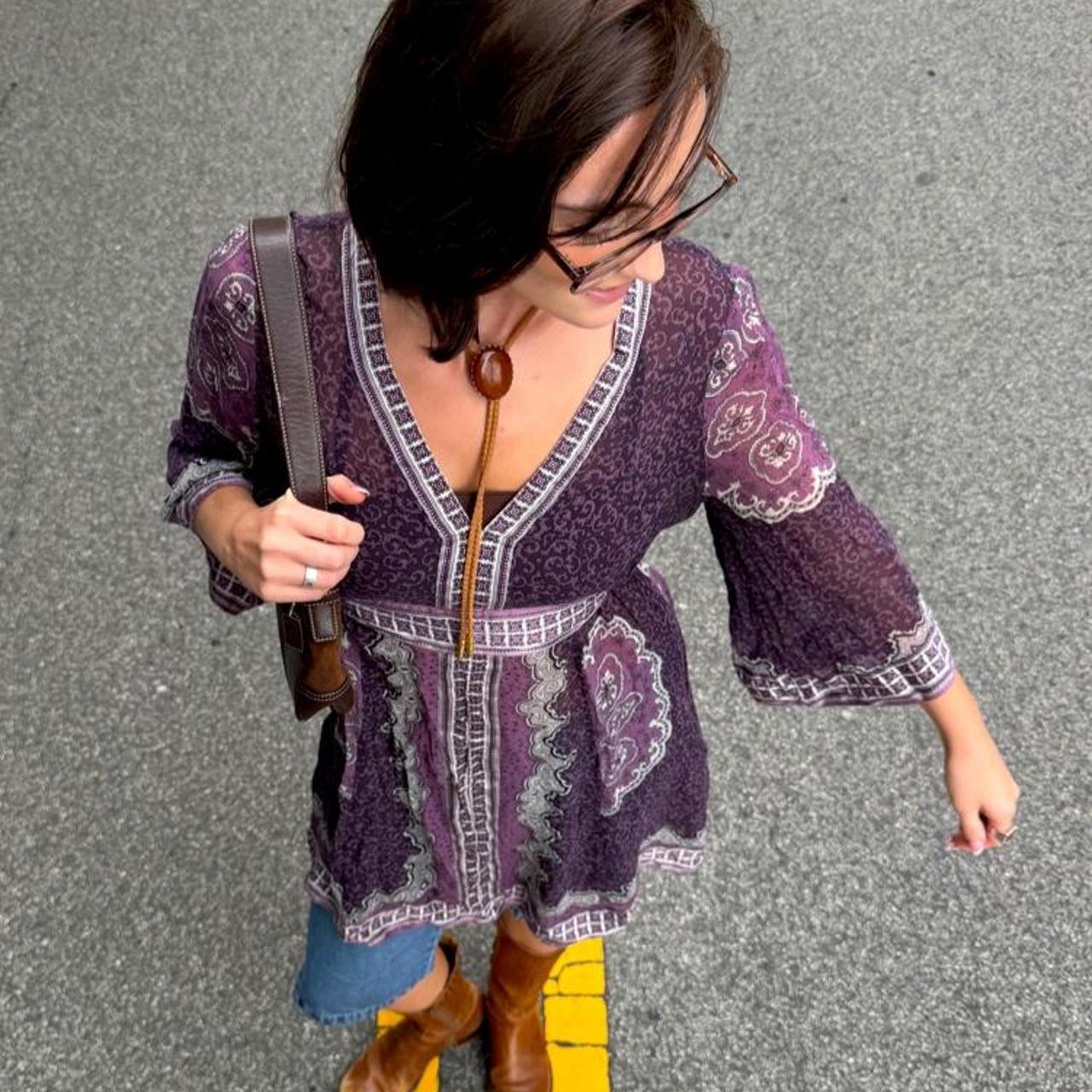 Vintage 90s sheer purple paisley boho print blouse with tie🕊️