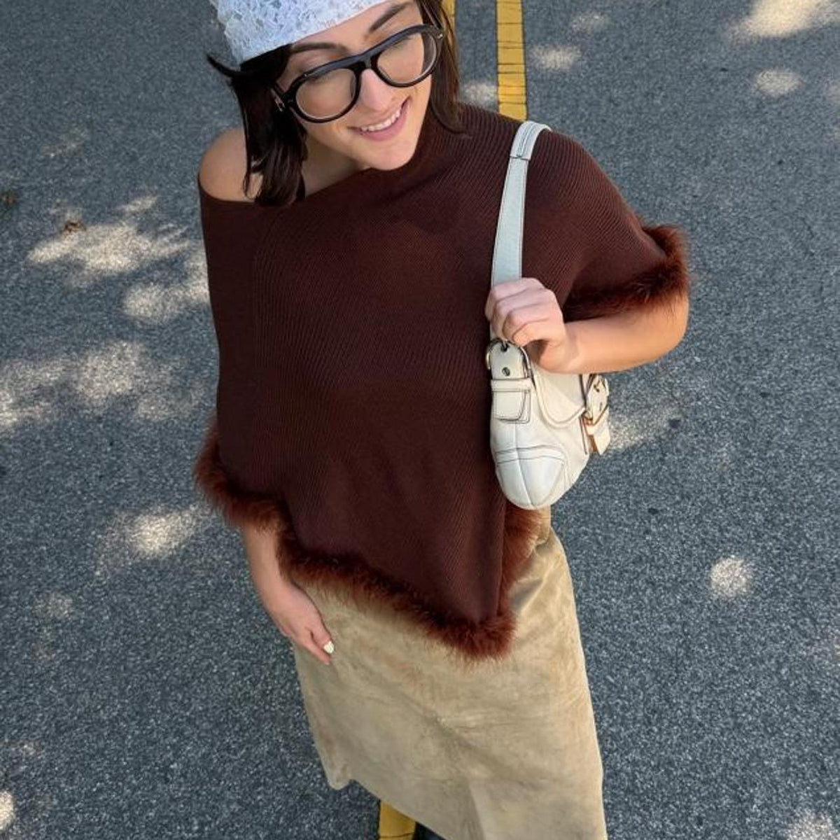 Brown faux fur knit poncho 🌻