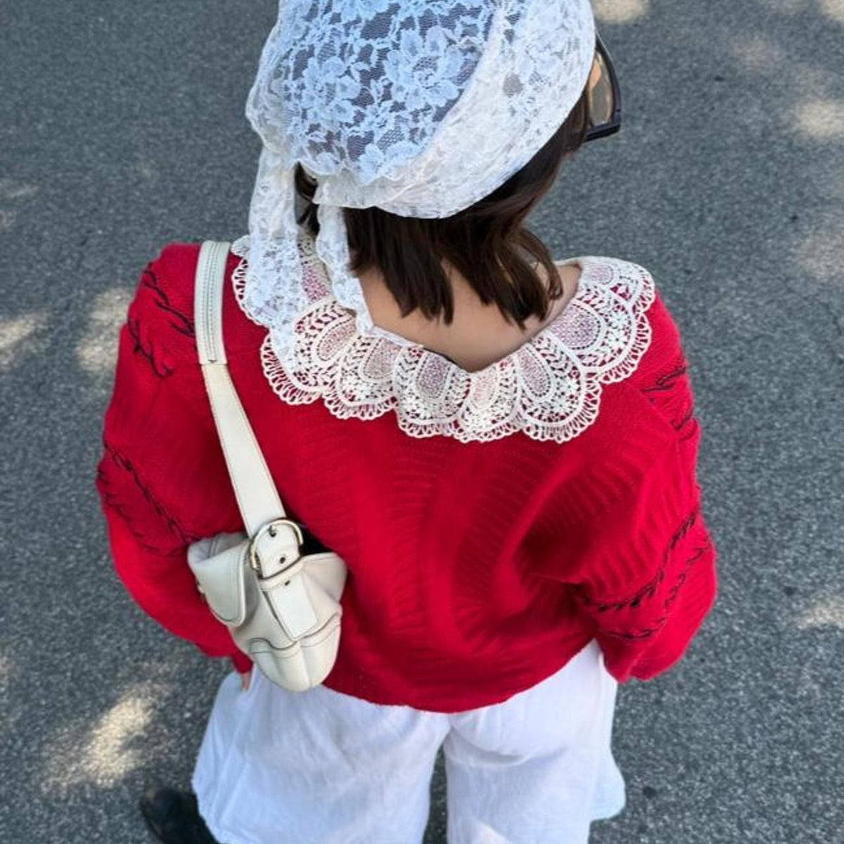 Vintage 90s red cardigan sweater with lace wrap around collar🍷