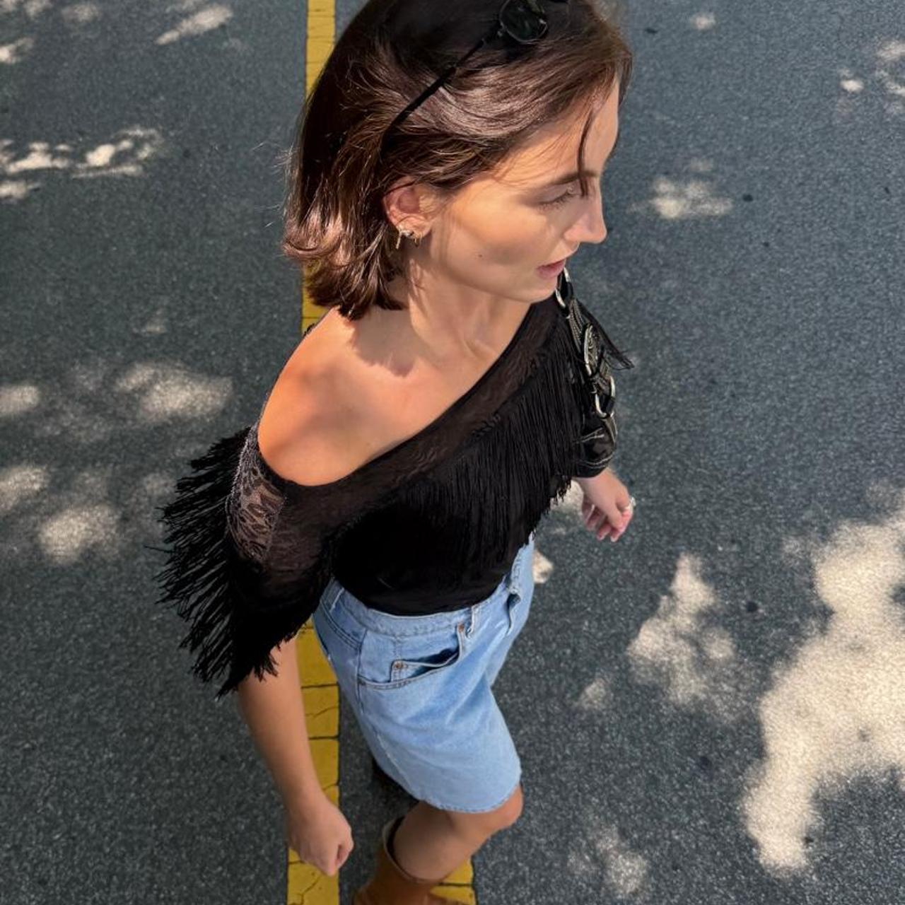 Vintage 90s black fringe off the shoulder top with lace trim and floral embroidery 🌹
