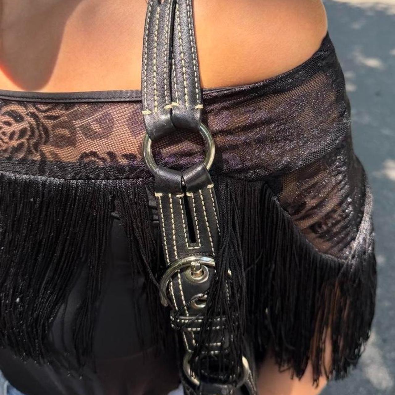 Vintage 90s black fringe off the shoulder top with lace trim and floral embroidery 🌹