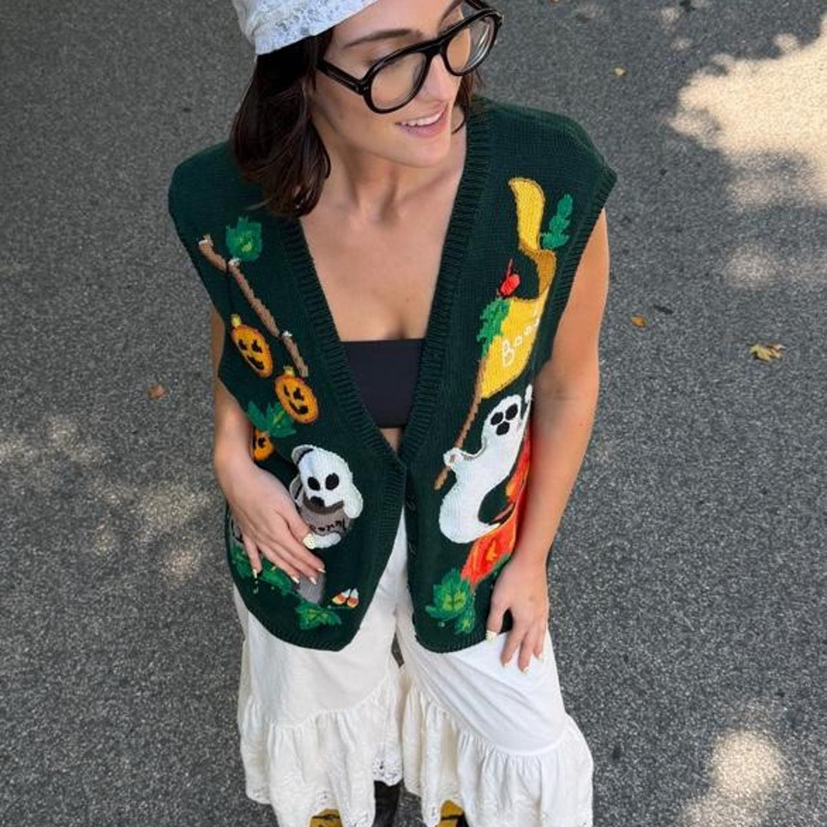 Vintage 90s green embroidered knitted sweater vest 👻🪦🎃