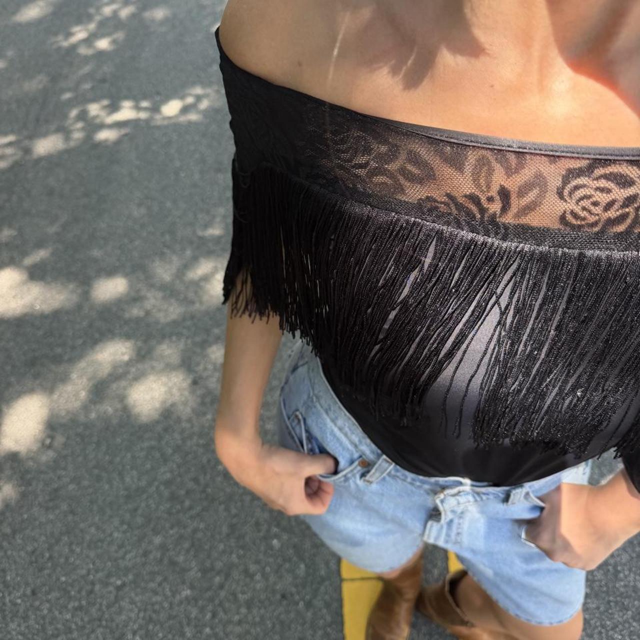 Vintage 90s black fringe off the shoulder top with lace trim and floral embroidery 🌹