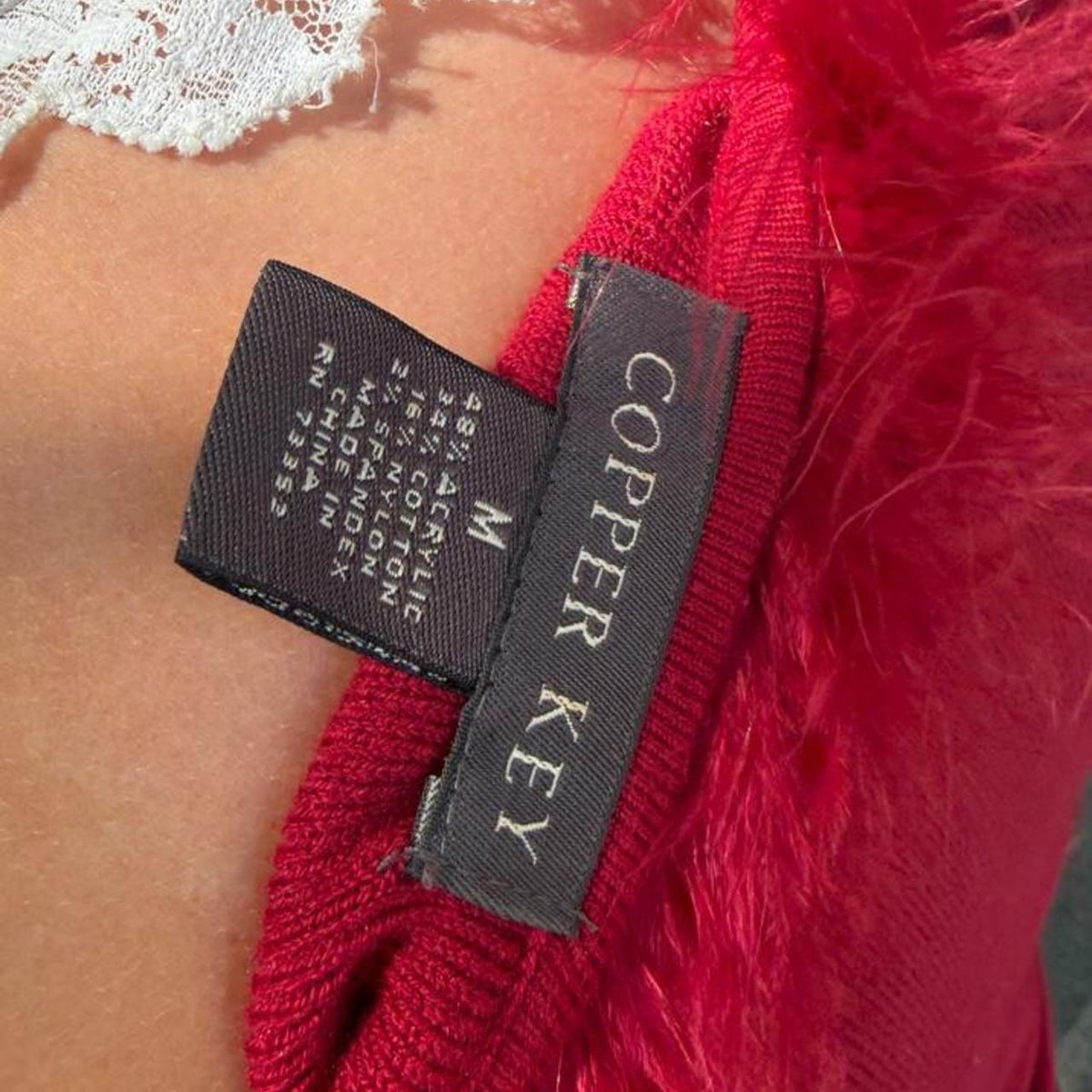 Vintage 90s Copper Key red fur off the shoulder sweater 🪩