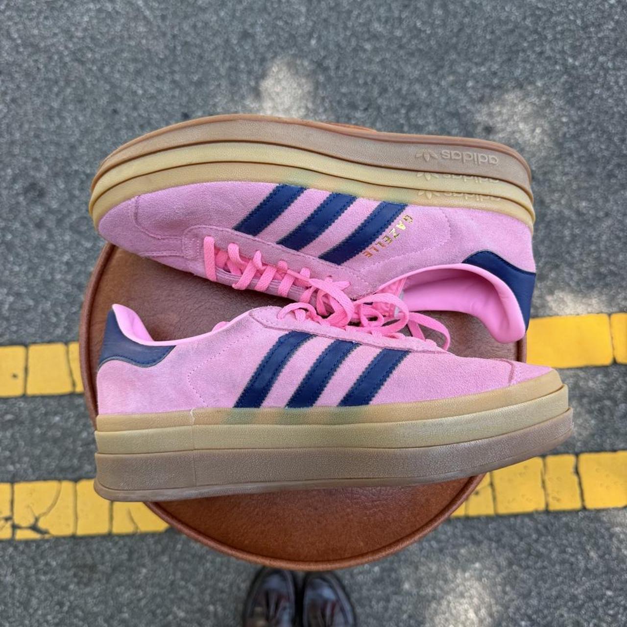 Adidas Originals Gazelle sneakers in pink with navy blue stripes