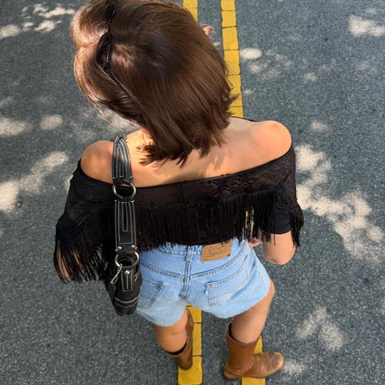 Vintage 90s black fringe off the shoulder top with lace trim and floral embroidery 🌹