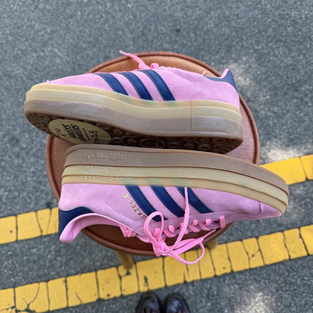 Adidas Originals Gazelle sneakers in pink with navy blue stripes