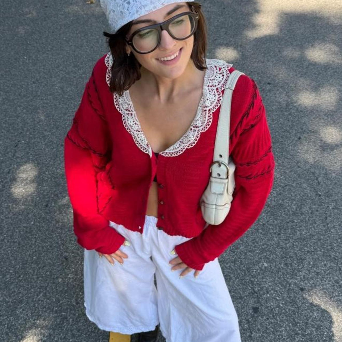Vintage 90s red cardigan sweater with lace wrap around collar🍷