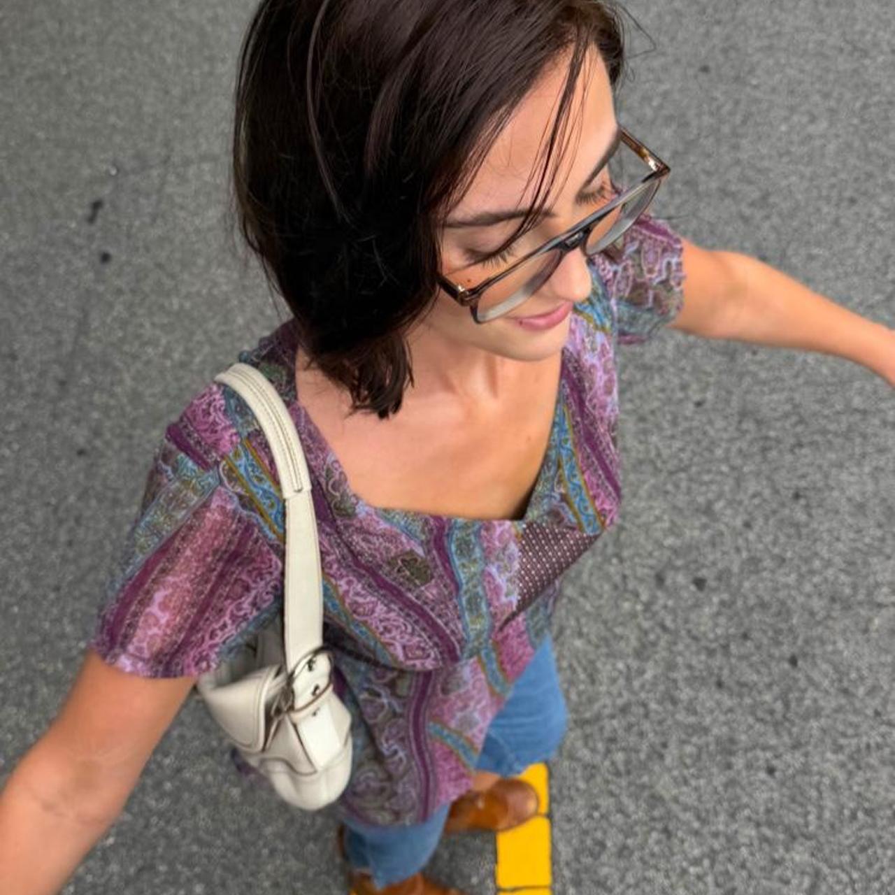 Purple and green paisley print blouse with tie 🧚‍♂️
