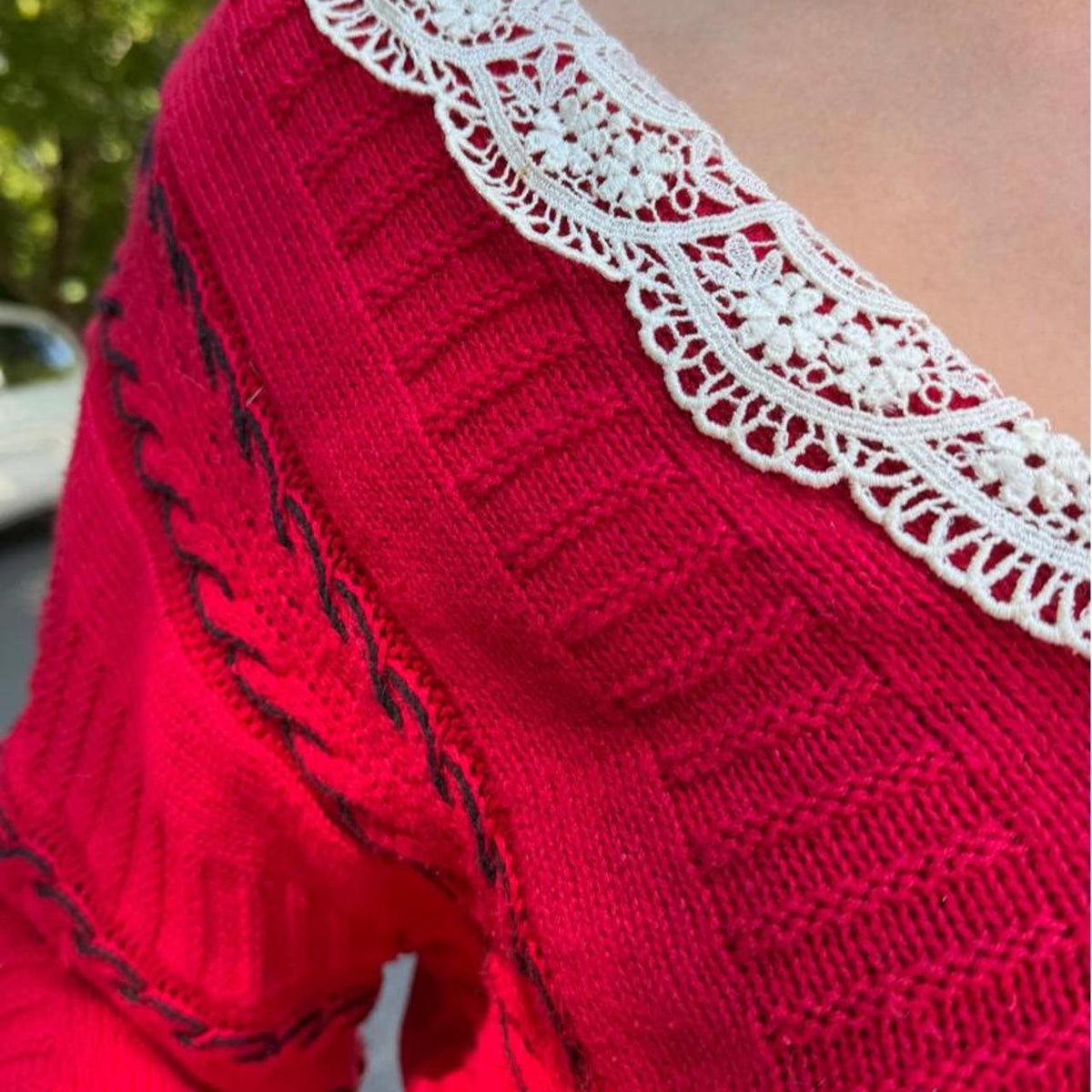 Vintage 90s red cardigan sweater with lace wrap around collar🍷